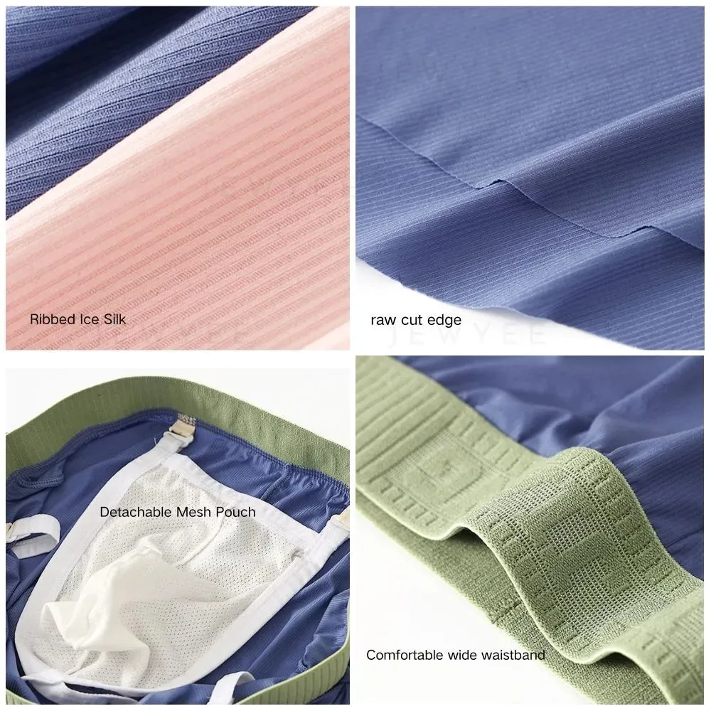 ( 4-Pack)Men's Side Split Ribbed Ice Silk boxer shorts with detachable Mesh Pouch Up to Size XXL- JEWYEE CL 1057
