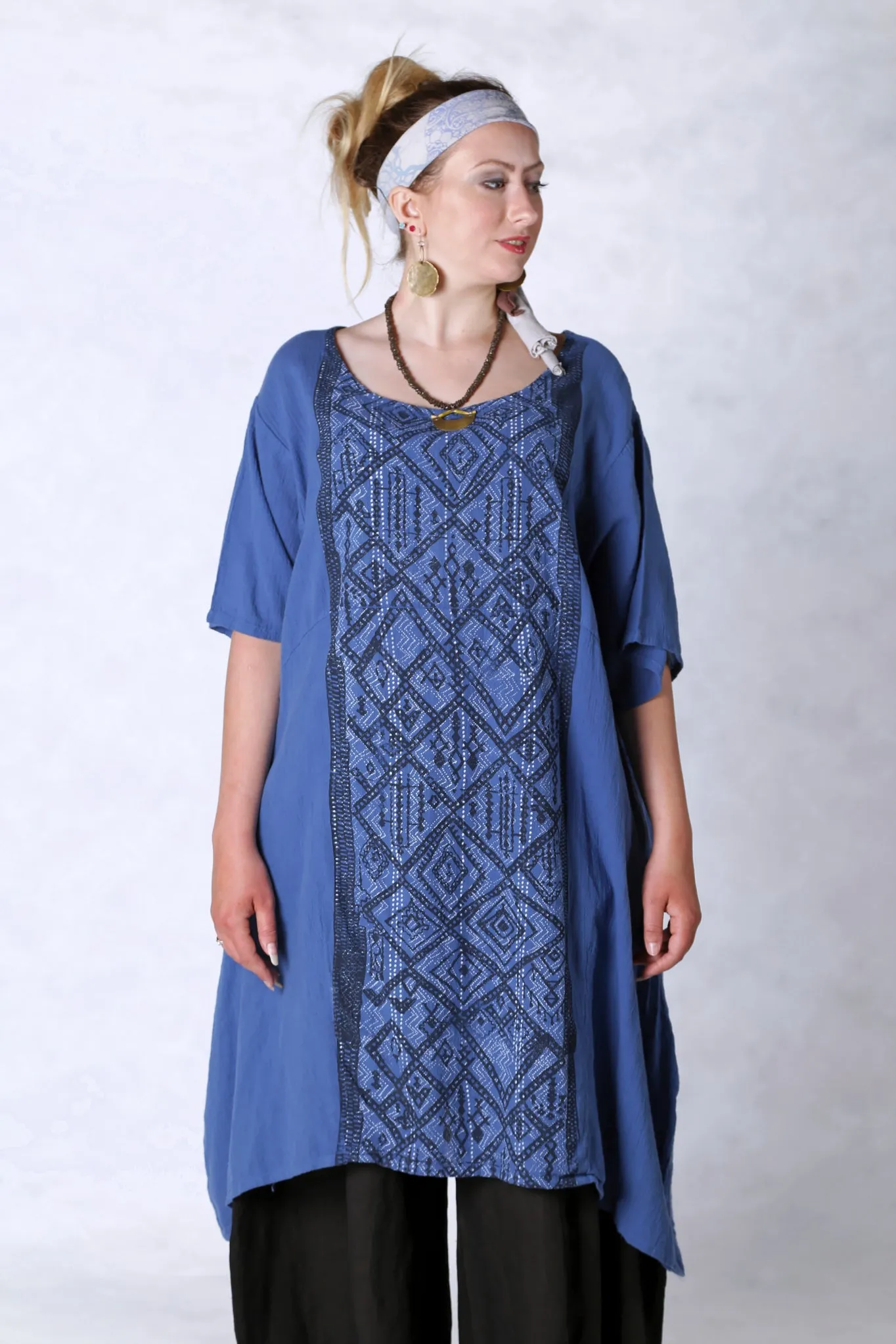 2301 Gauze Urchin Dress-Azure-Textile Black & White Pattern
