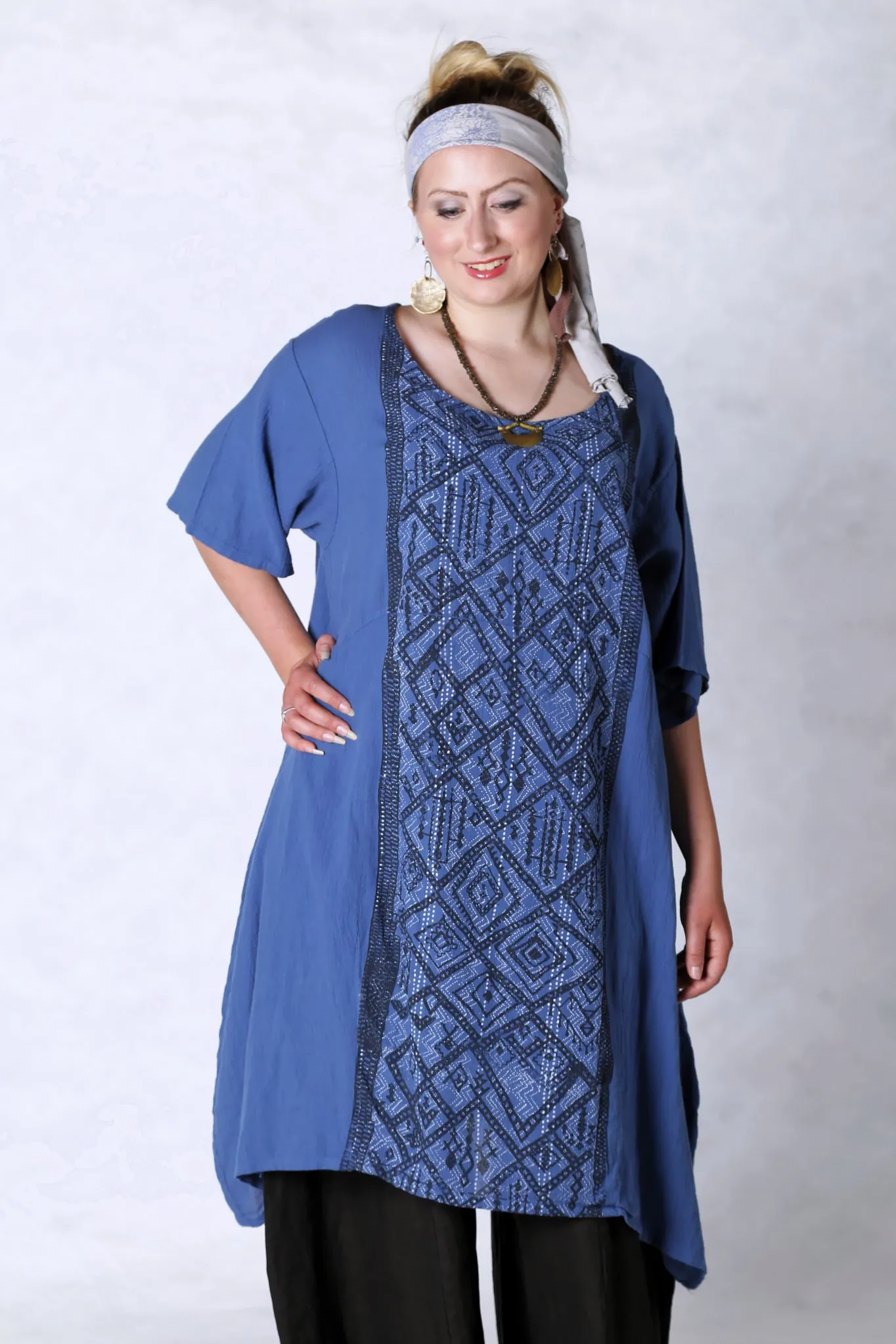 2301 Gauze Urchin Dress-Azure-Textile Black & White Pattern
