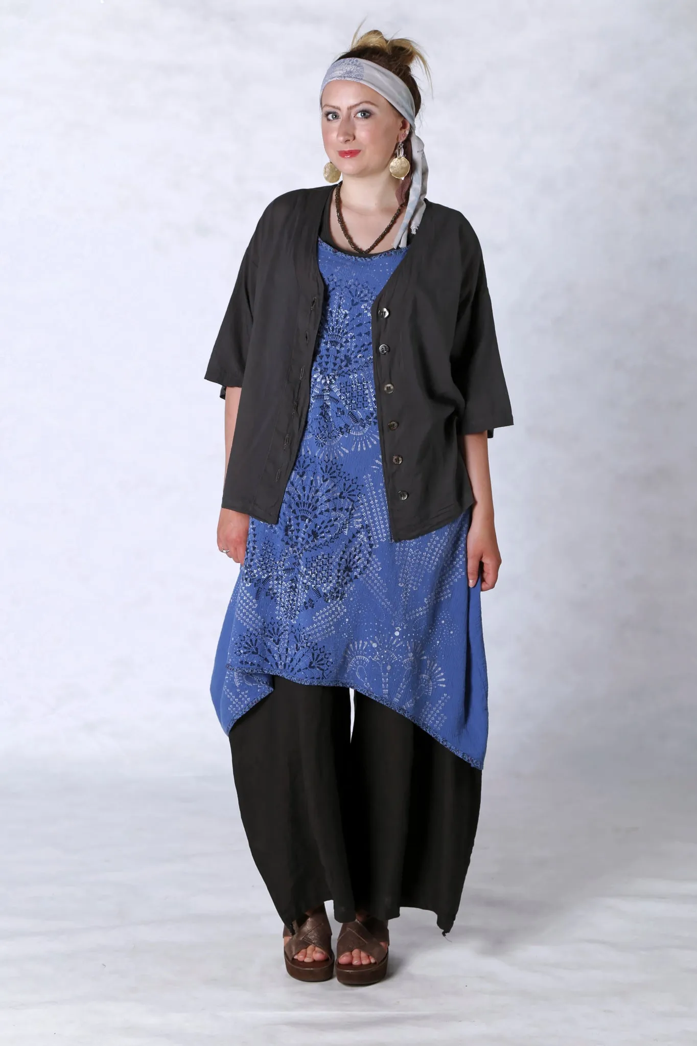 2301 Gauze Urchin Dress-Azure-Textile Black & White Pattern