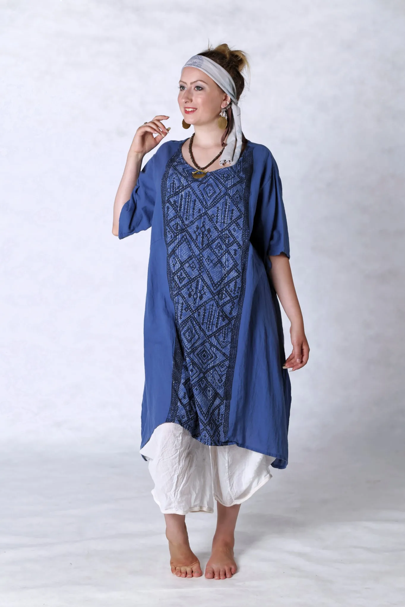 2301 Gauze Urchin Dress-Azure-Textile Black & White Pattern