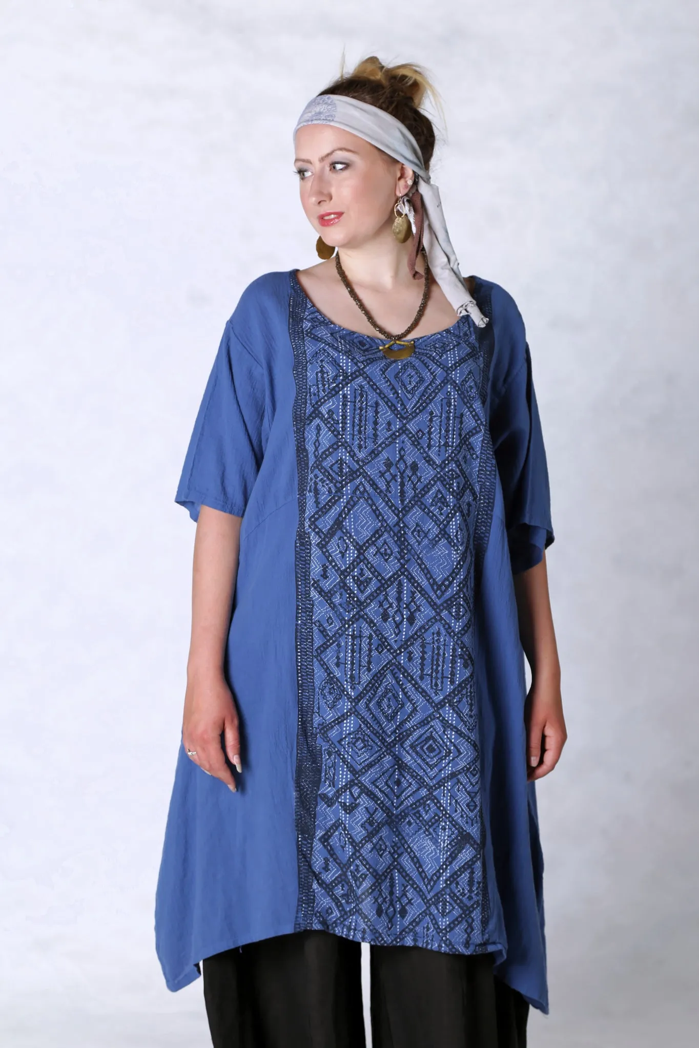 2301 Gauze Urchin Dress-Azure-Textile Black & White Pattern