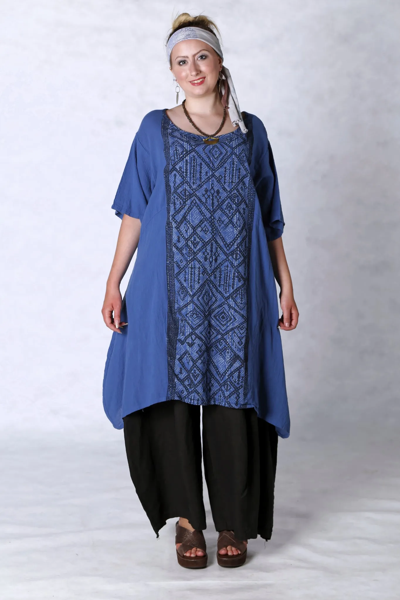 2301 Gauze Urchin Dress-Azure-Textile Black & White Pattern