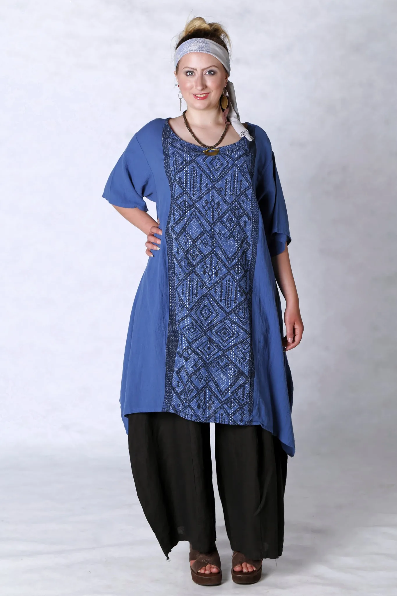2301 Gauze Urchin Dress-Azure-Textile Black & White Pattern