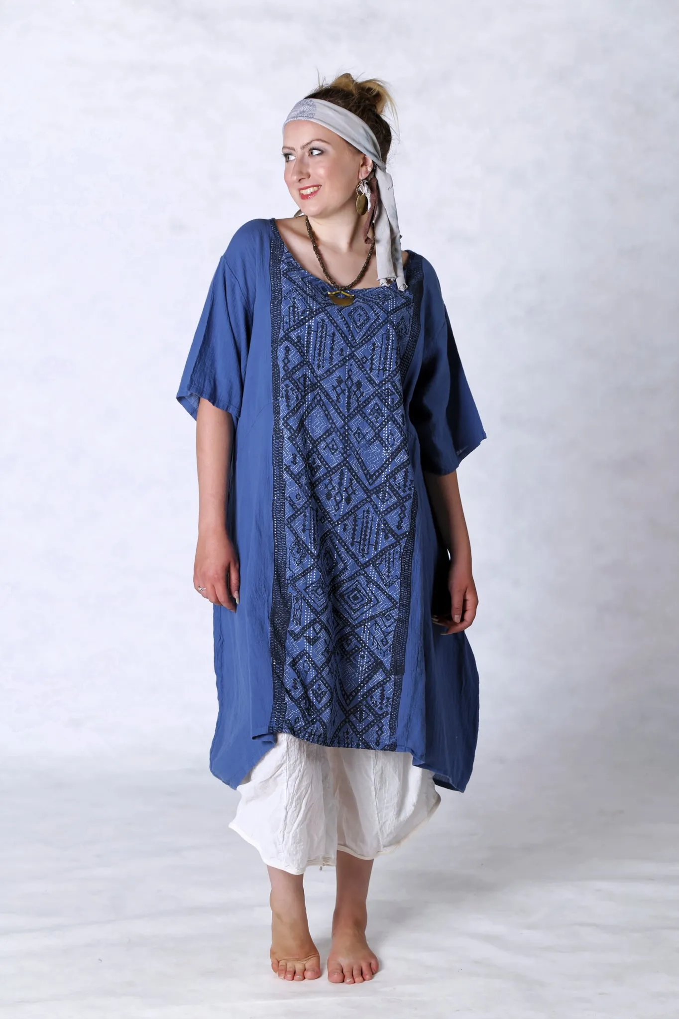 2301 Gauze Urchin Dress-Azure-Textile Black & White Pattern