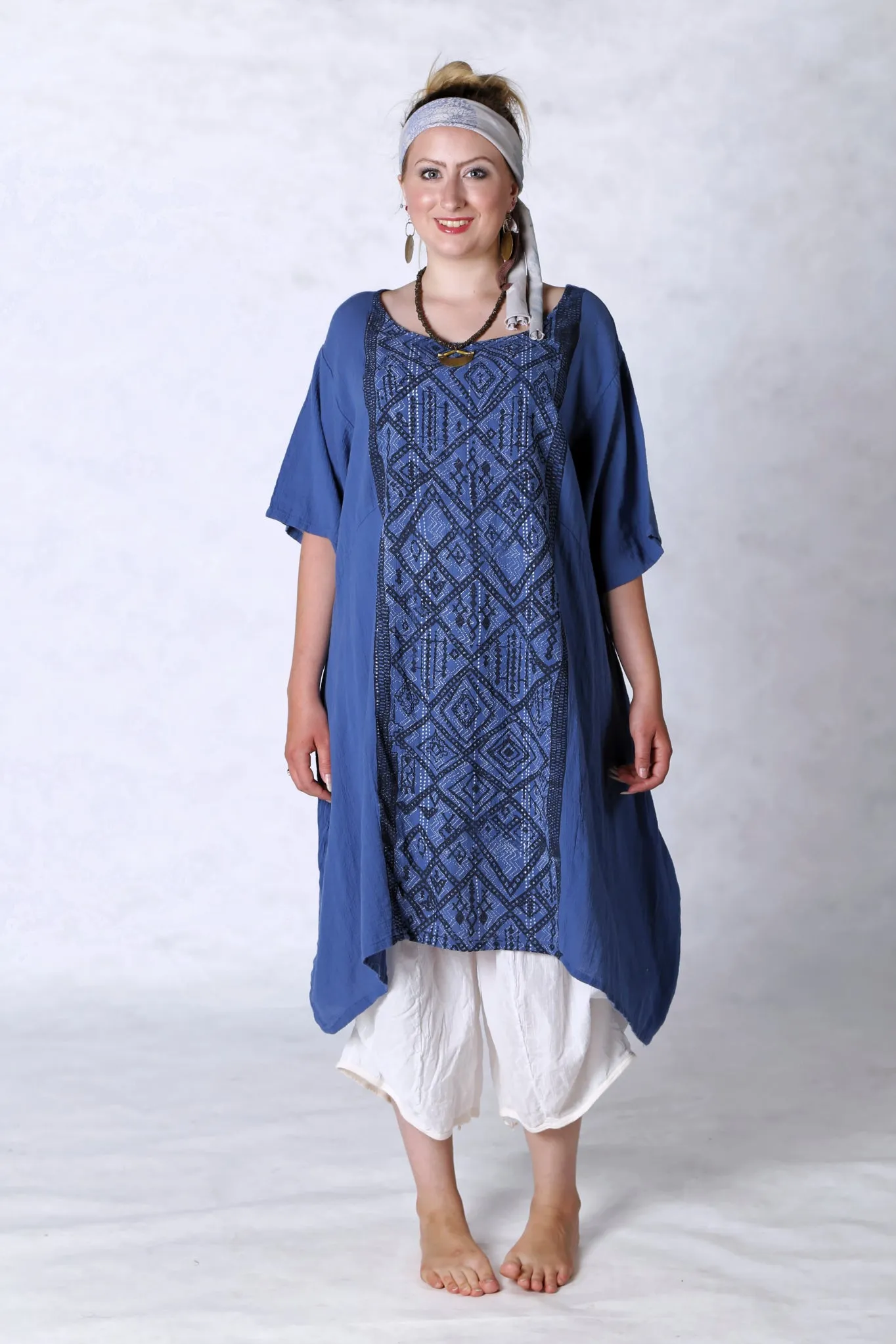 2301 Gauze Urchin Dress-Azure-Textile Black & White Pattern
