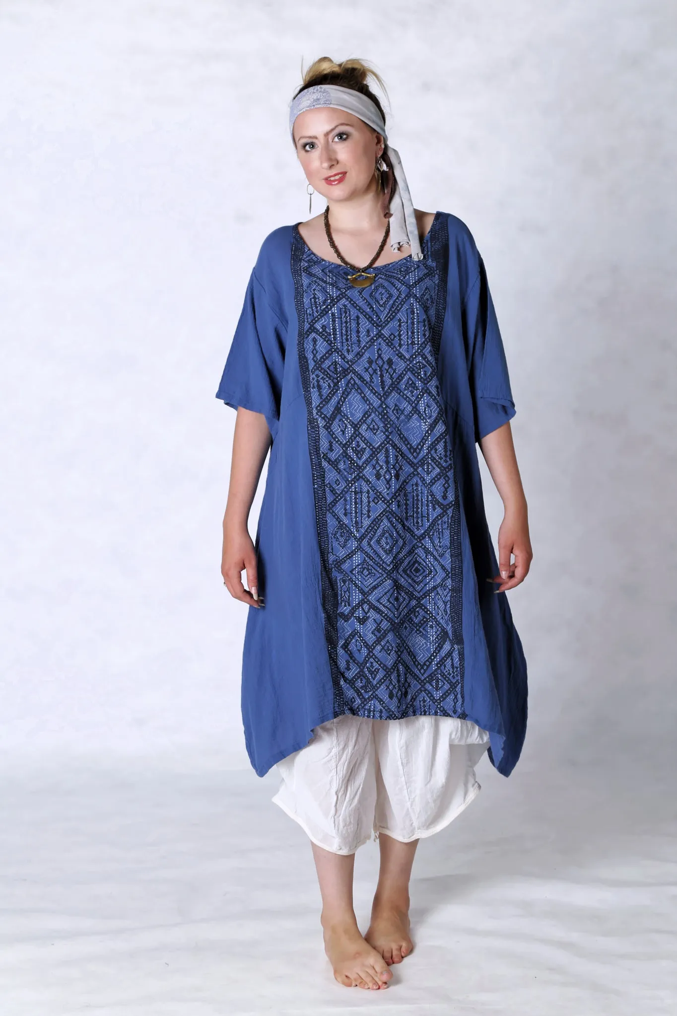 2301 Gauze Urchin Dress-Azure-Textile Black & White Pattern