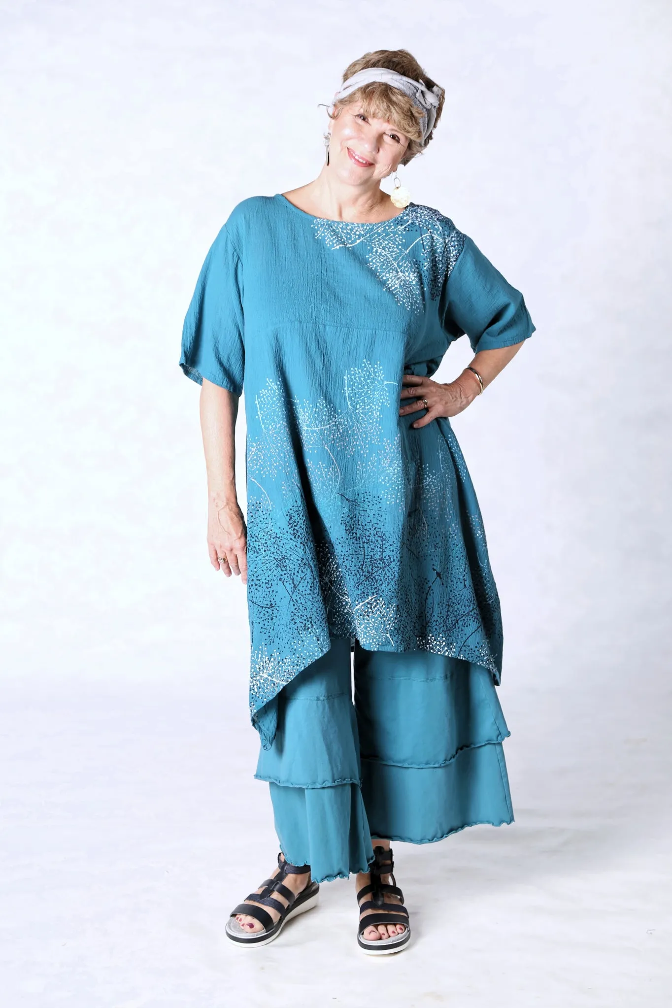 2301 Gauze Urchin Dress-Teal-Delicate Floral Pattern