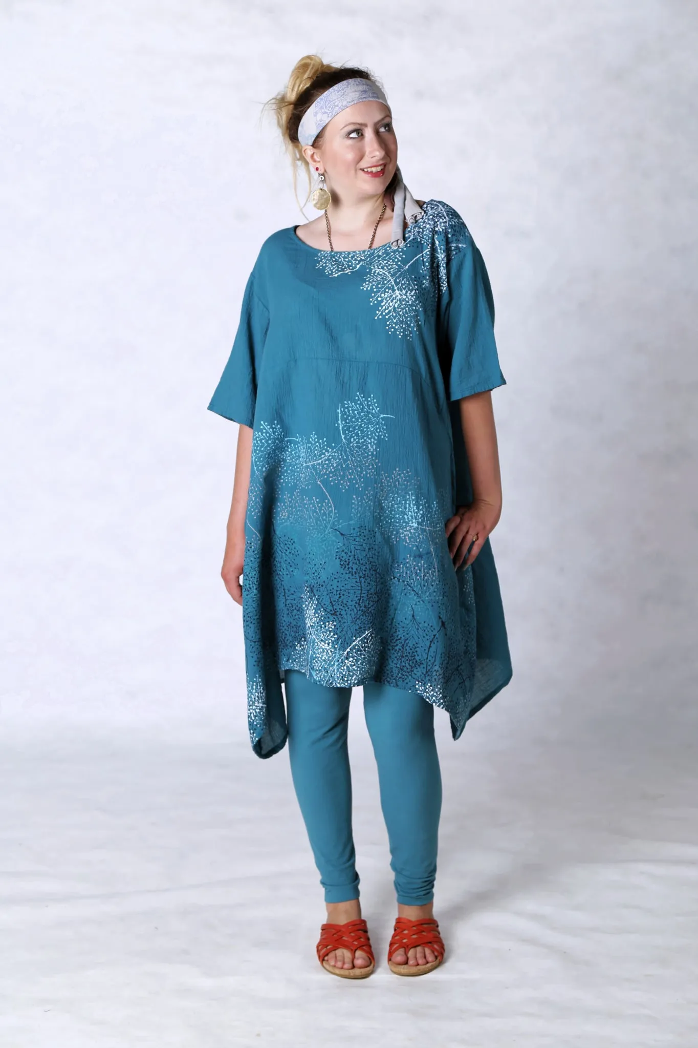 2301 Gauze Urchin Dress-Teal-Delicate Floral Pattern