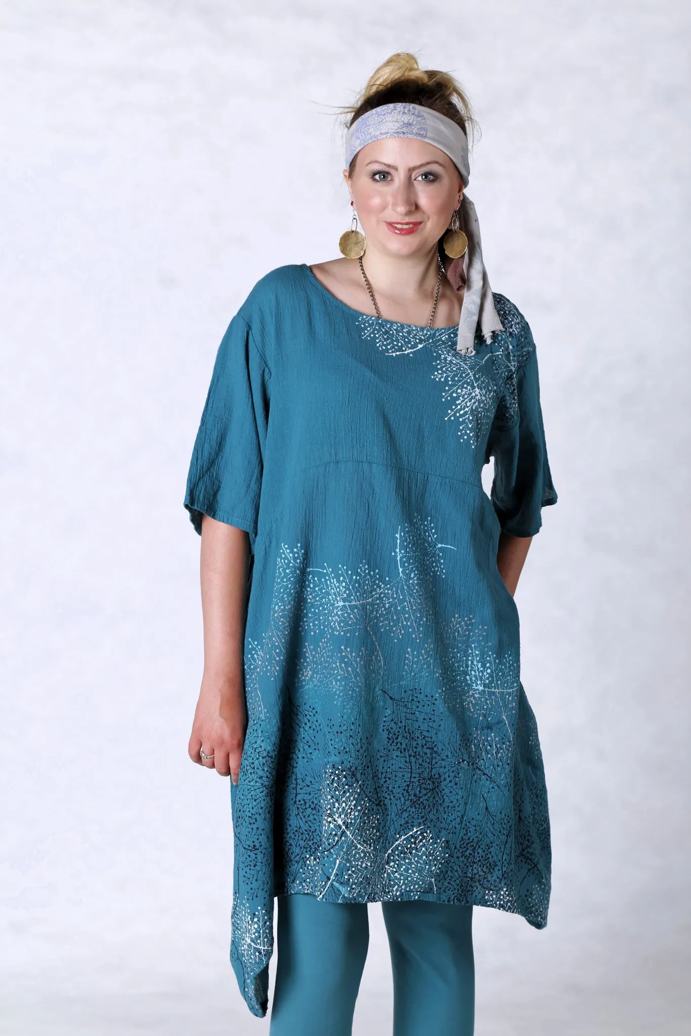 2301 Gauze Urchin Dress-Teal-Delicate Floral Pattern