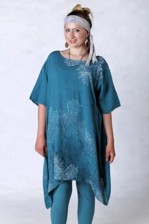 2301 Gauze Urchin Dress-Teal-Delicate Floral Pattern