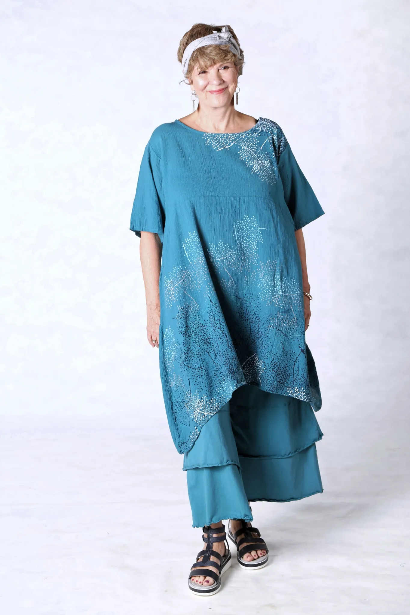 2301 Gauze Urchin Dress-Teal-Delicate Floral Pattern