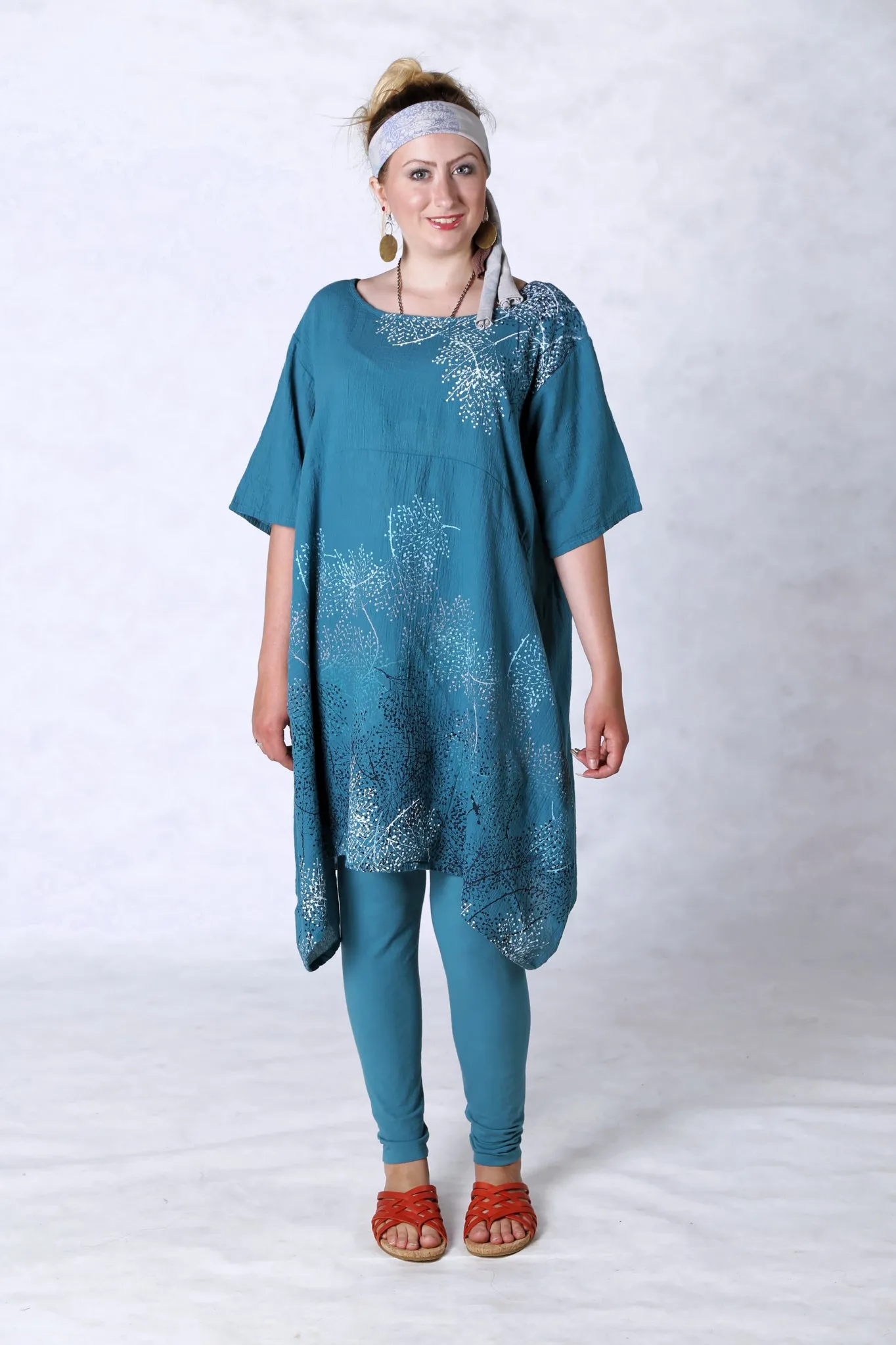 2301 Gauze Urchin Dress-Teal-Delicate Floral Pattern