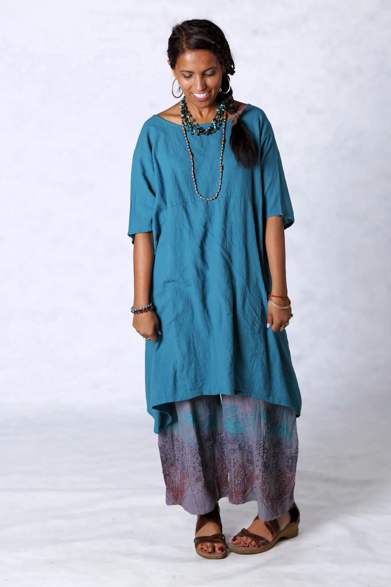 2301 Gauze Urchin Dress-Teal-Unprinted