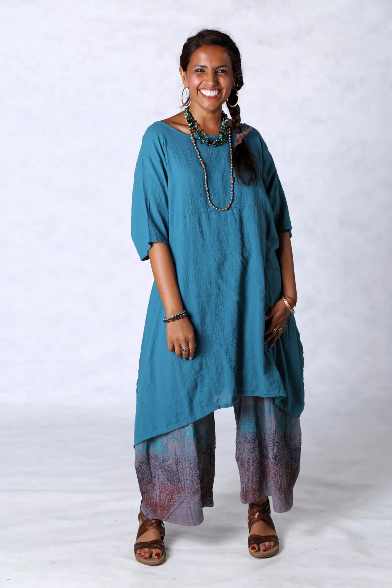 2301 Gauze Urchin Dress-Teal-Unprinted