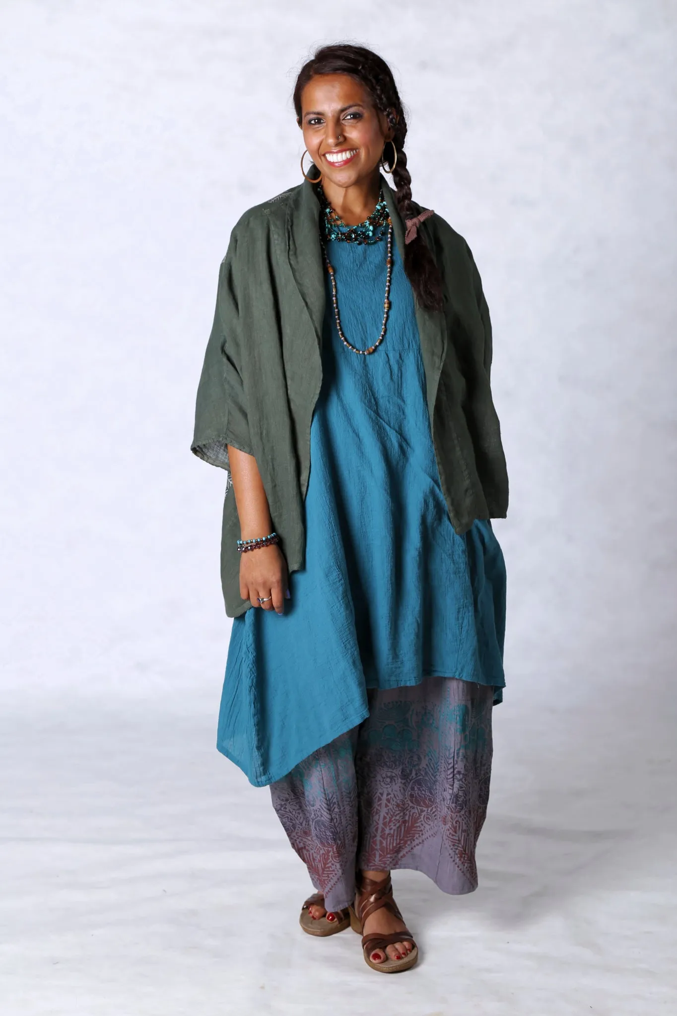 2301 Gauze Urchin Dress-Teal-Unprinted