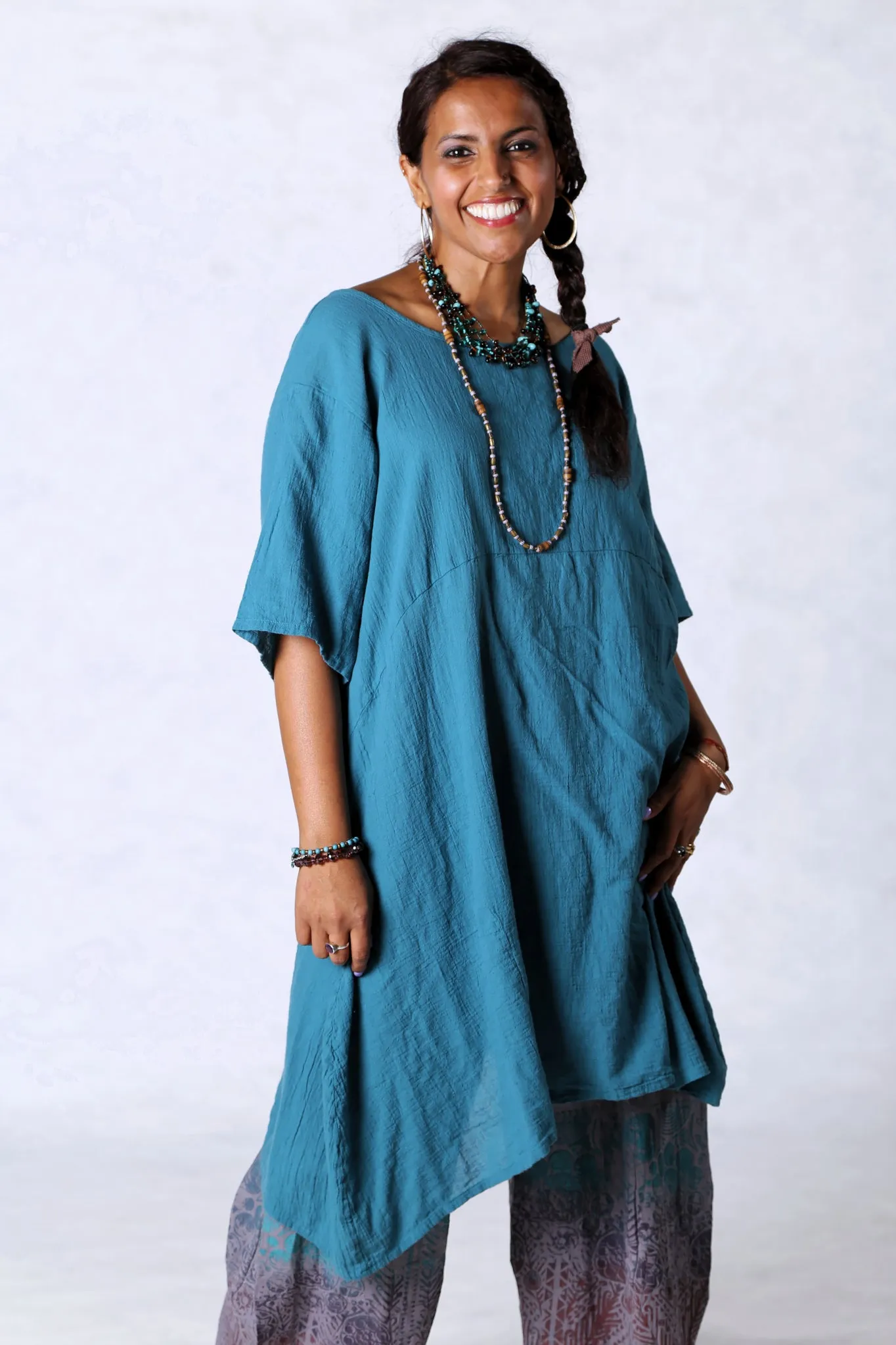 2301 Gauze Urchin Dress-Teal-Unprinted