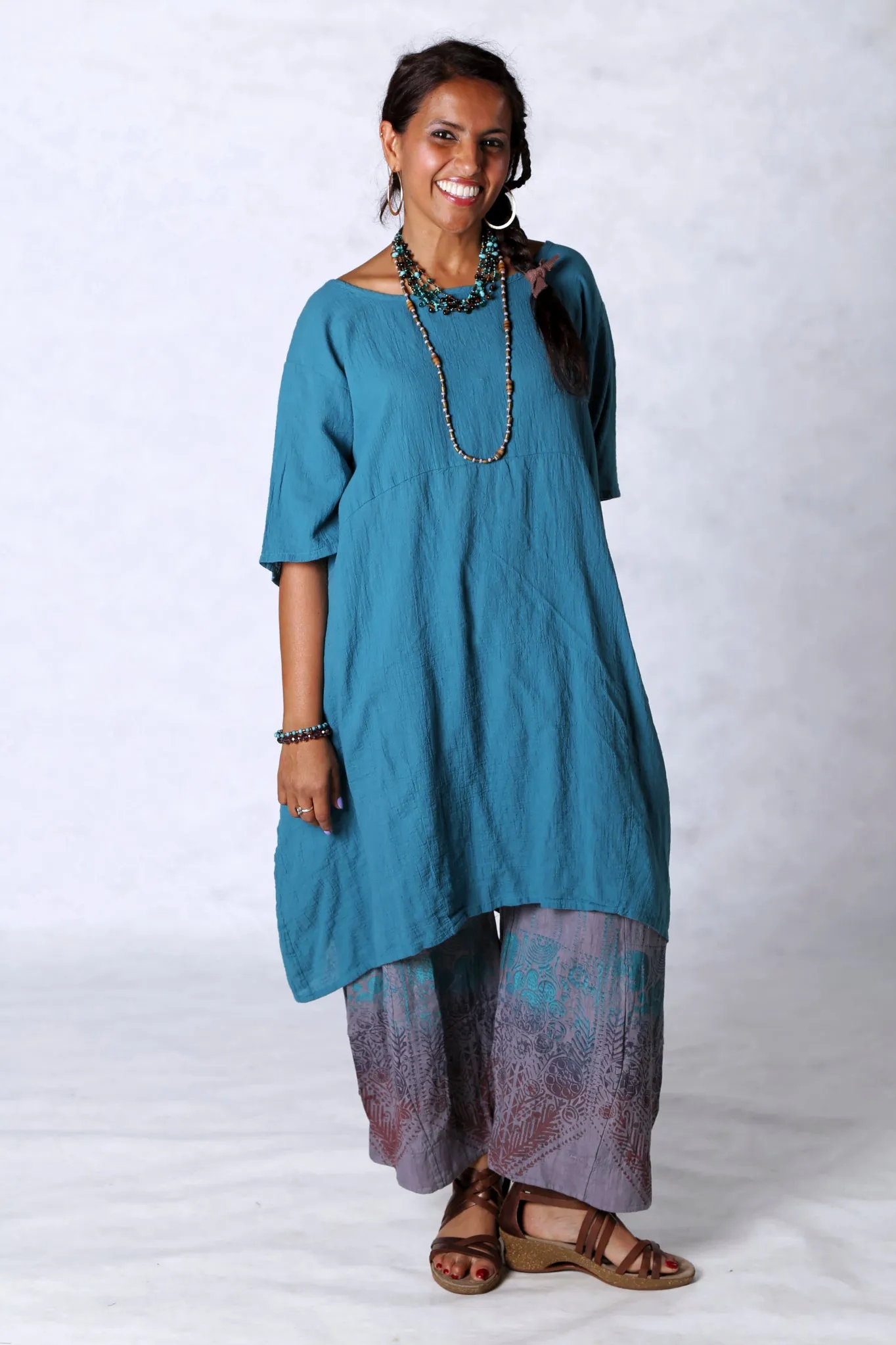 2301 Gauze Urchin Dress-Teal-Unprinted