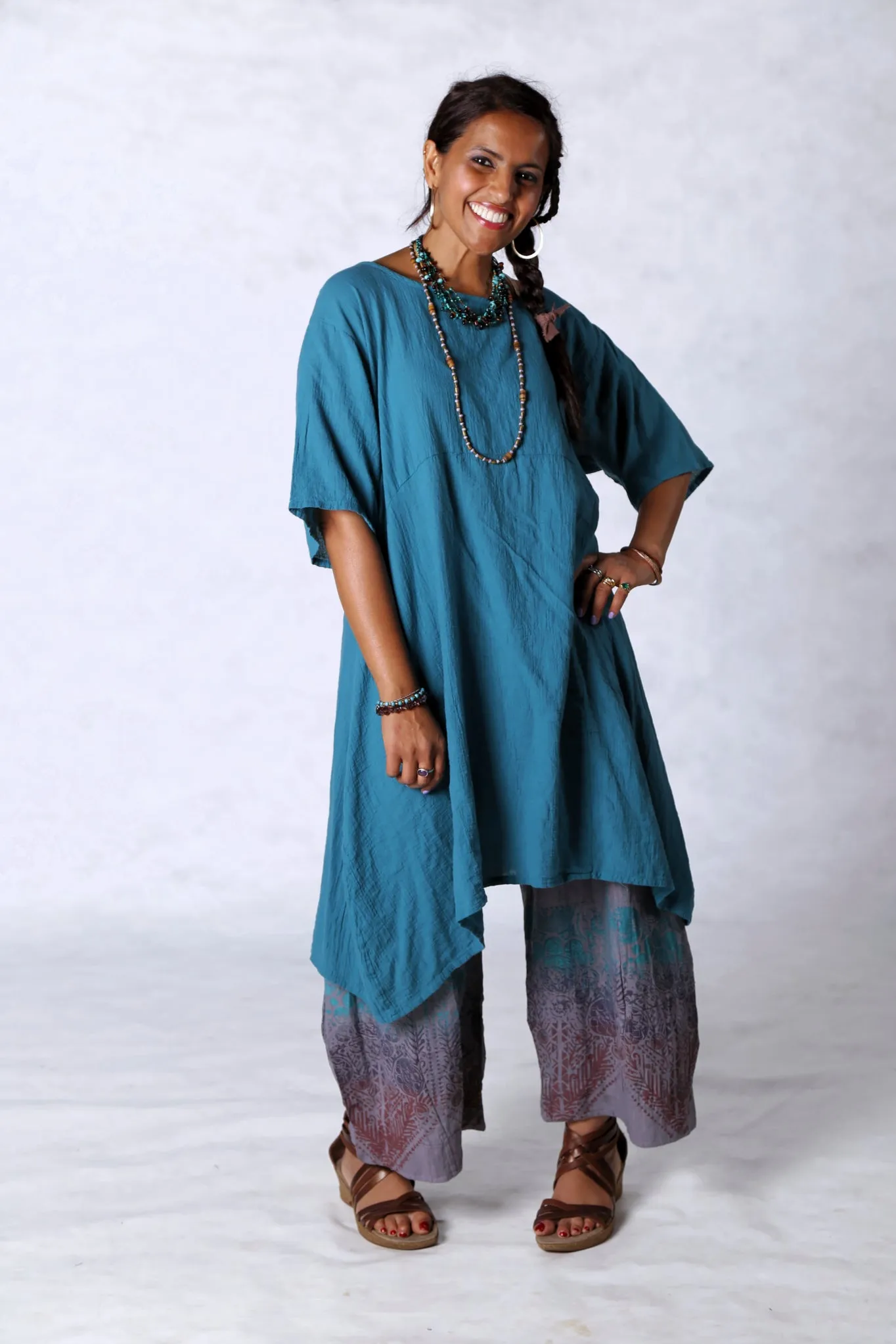 2301 Gauze Urchin Dress-Teal-Unprinted