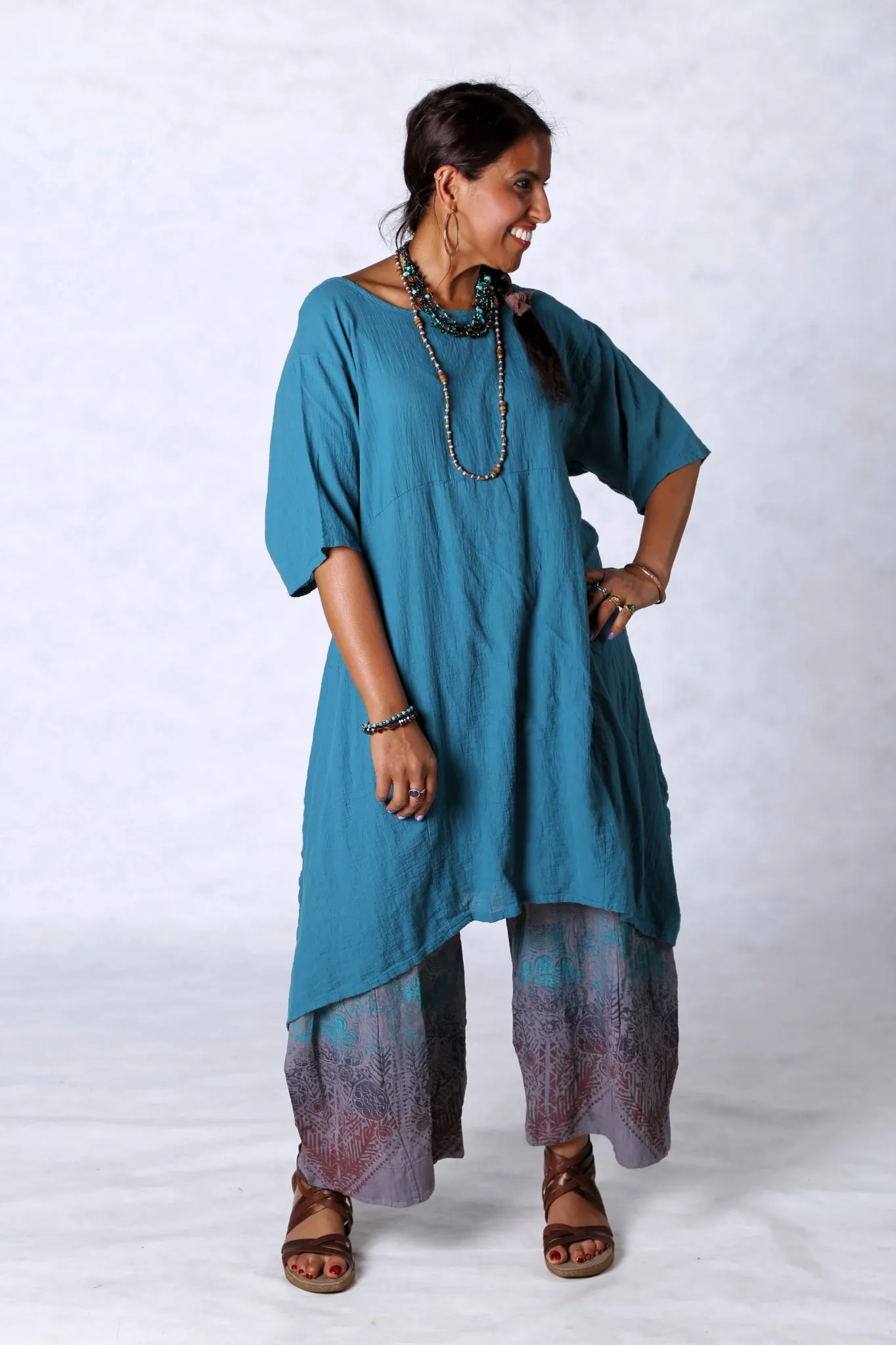 2301 Gauze Urchin Dress-Teal-Unprinted