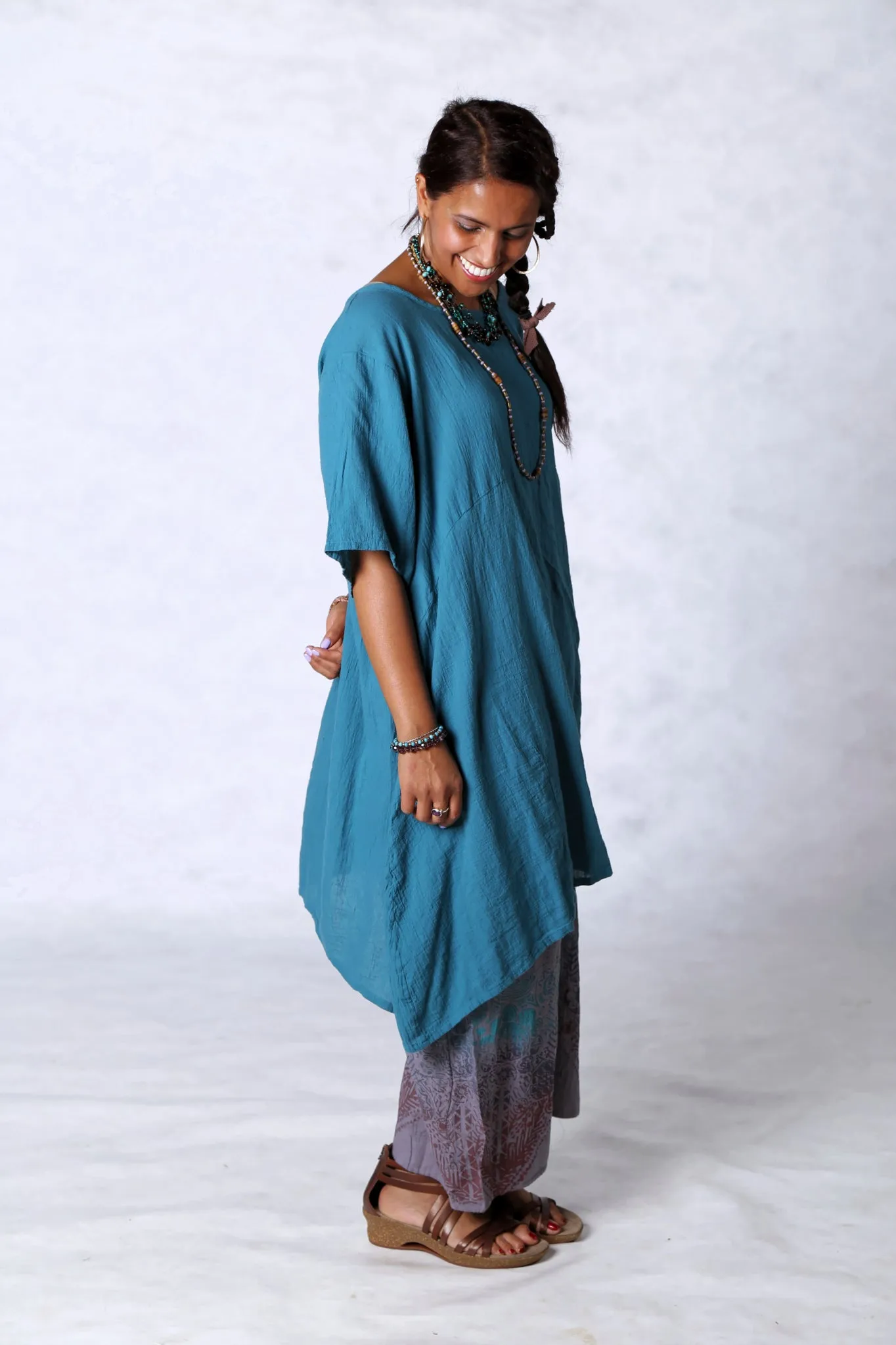 2301 Gauze Urchin Dress-Teal-Unprinted