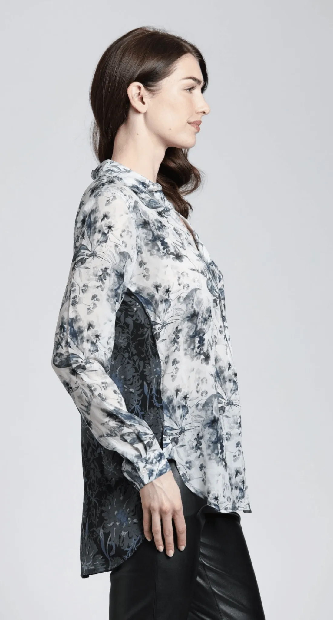Airy Blue & Grey Pattern Play - Half Button-up Pullover Tunic