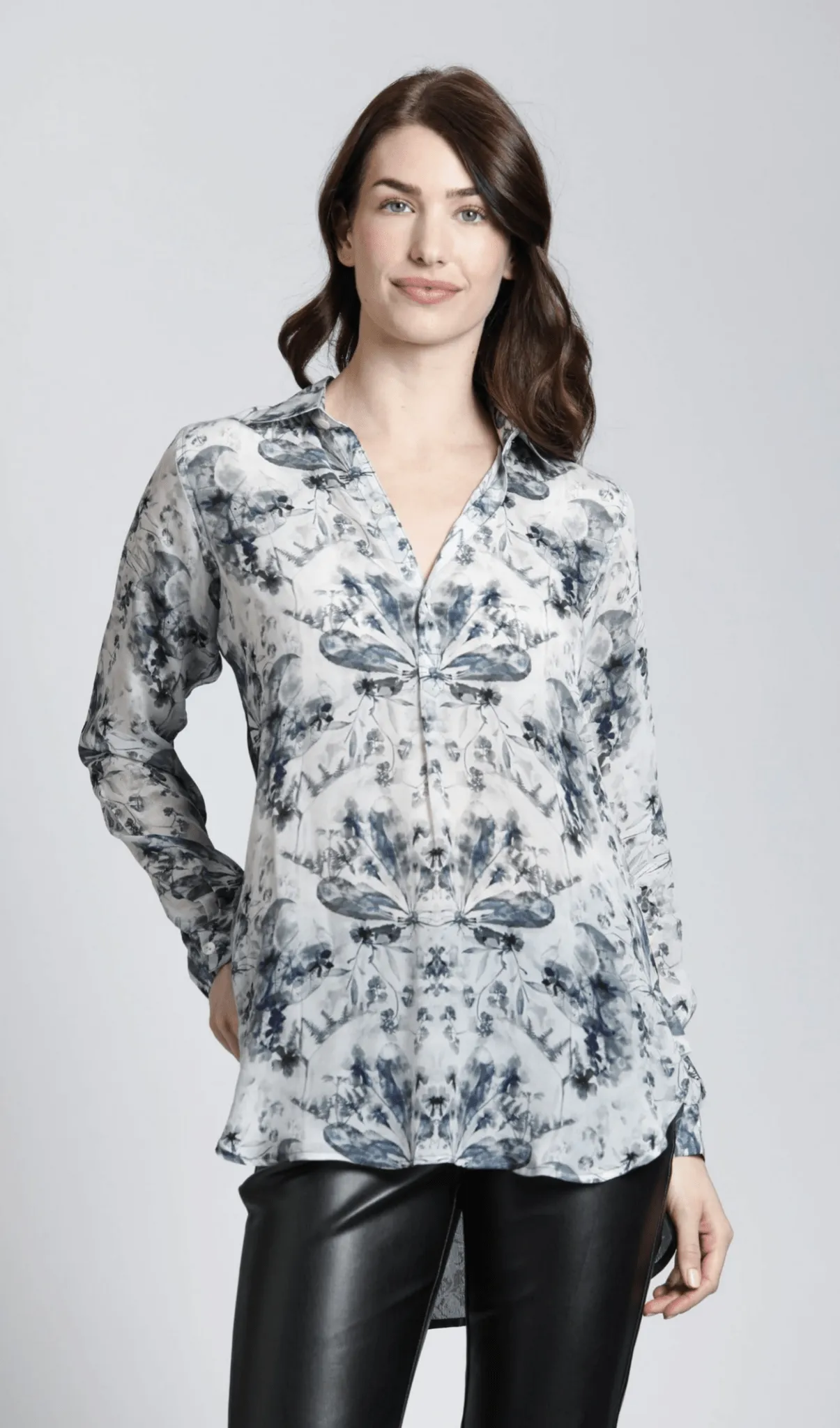 Airy Blue & Grey Pattern Play - Half Button-up Pullover Tunic