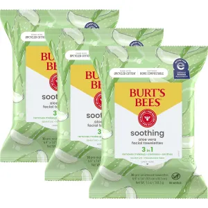 Aloe Vera Face Wipes, for Sensitive Skin, Soothing Makeup Remover & Facial Cleansing Towelettes, 30 Ct. (3-Pack)