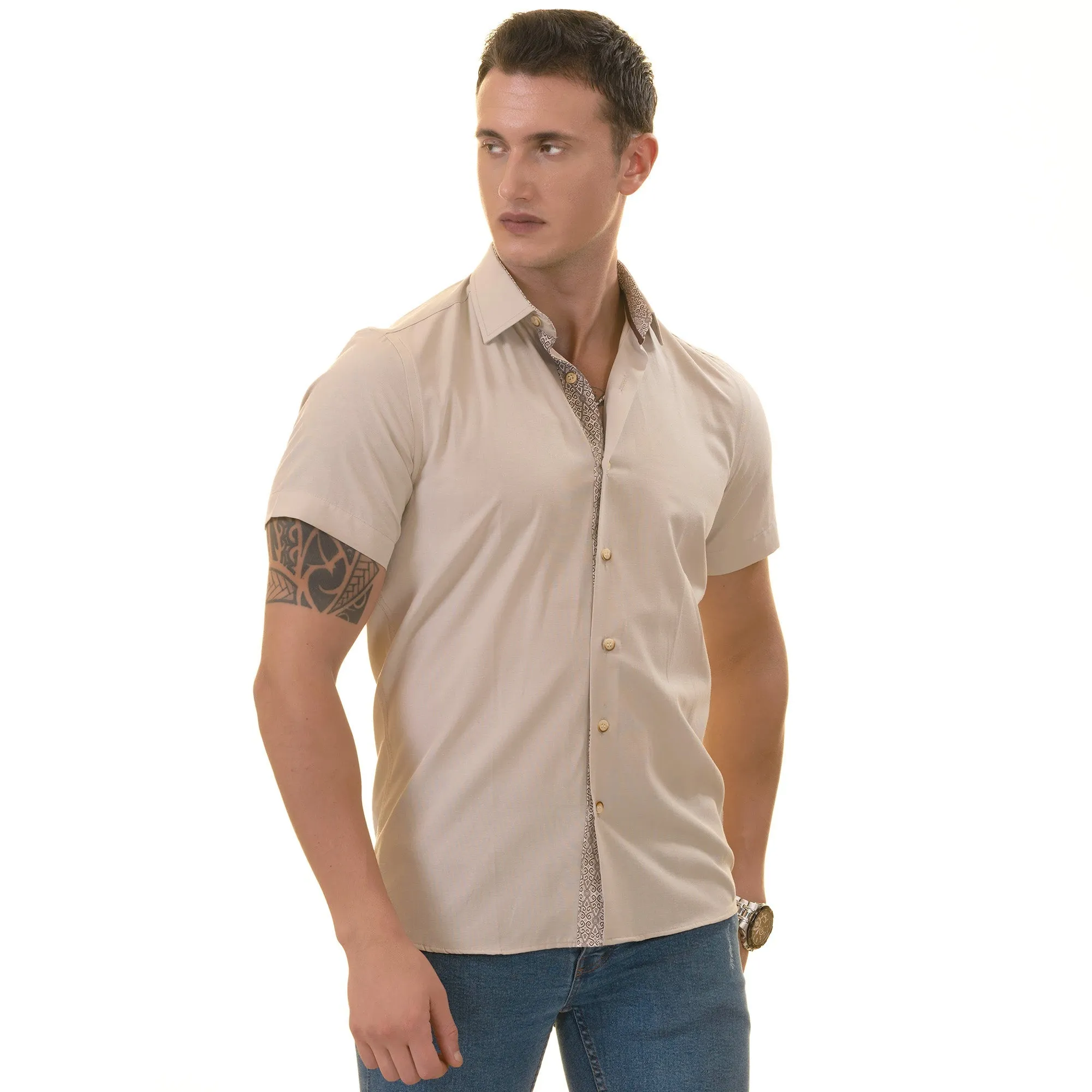Beige inside different Paisley  Short Sleeve Button up Shirts -