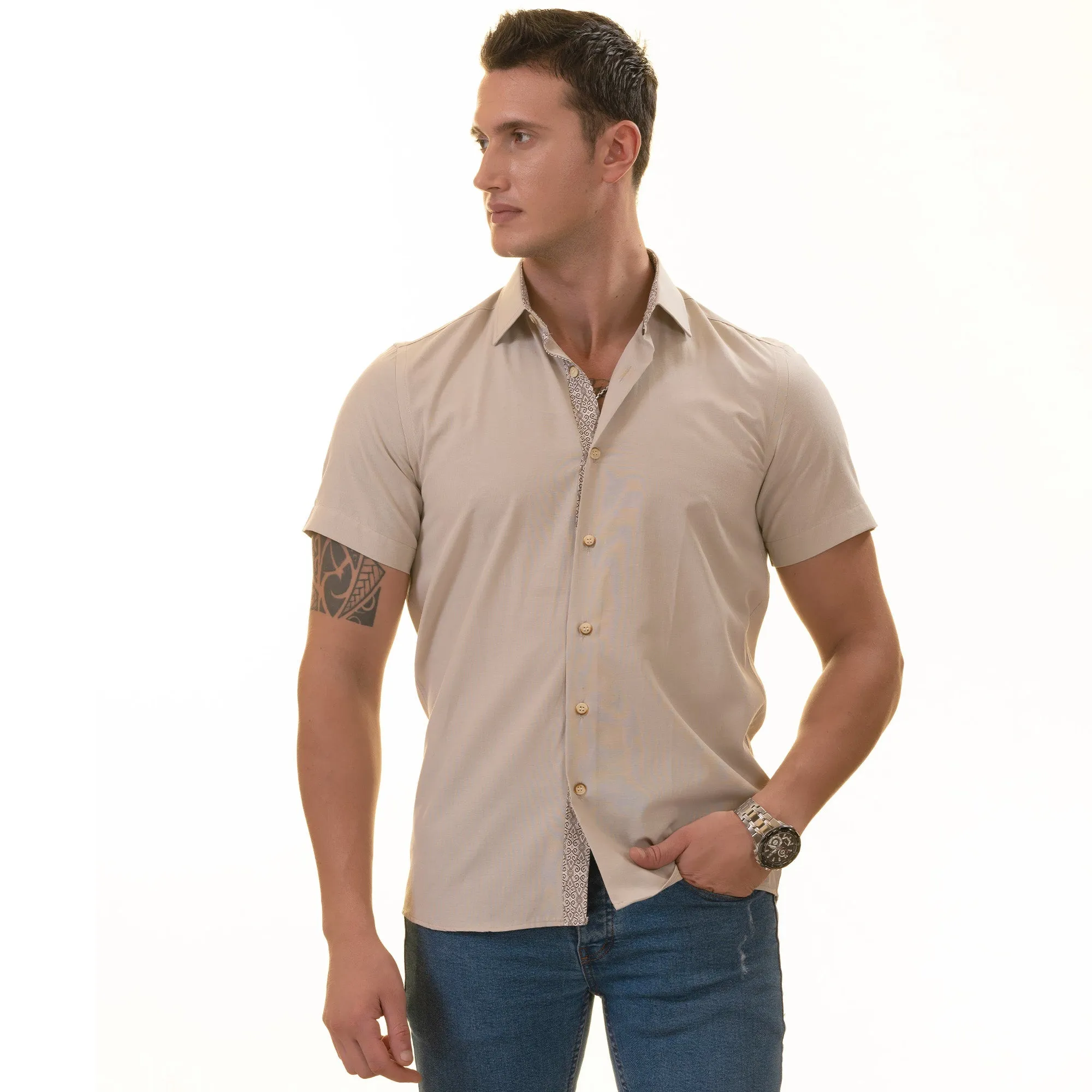 Beige inside different Paisley  Short Sleeve Button up Shirts -
