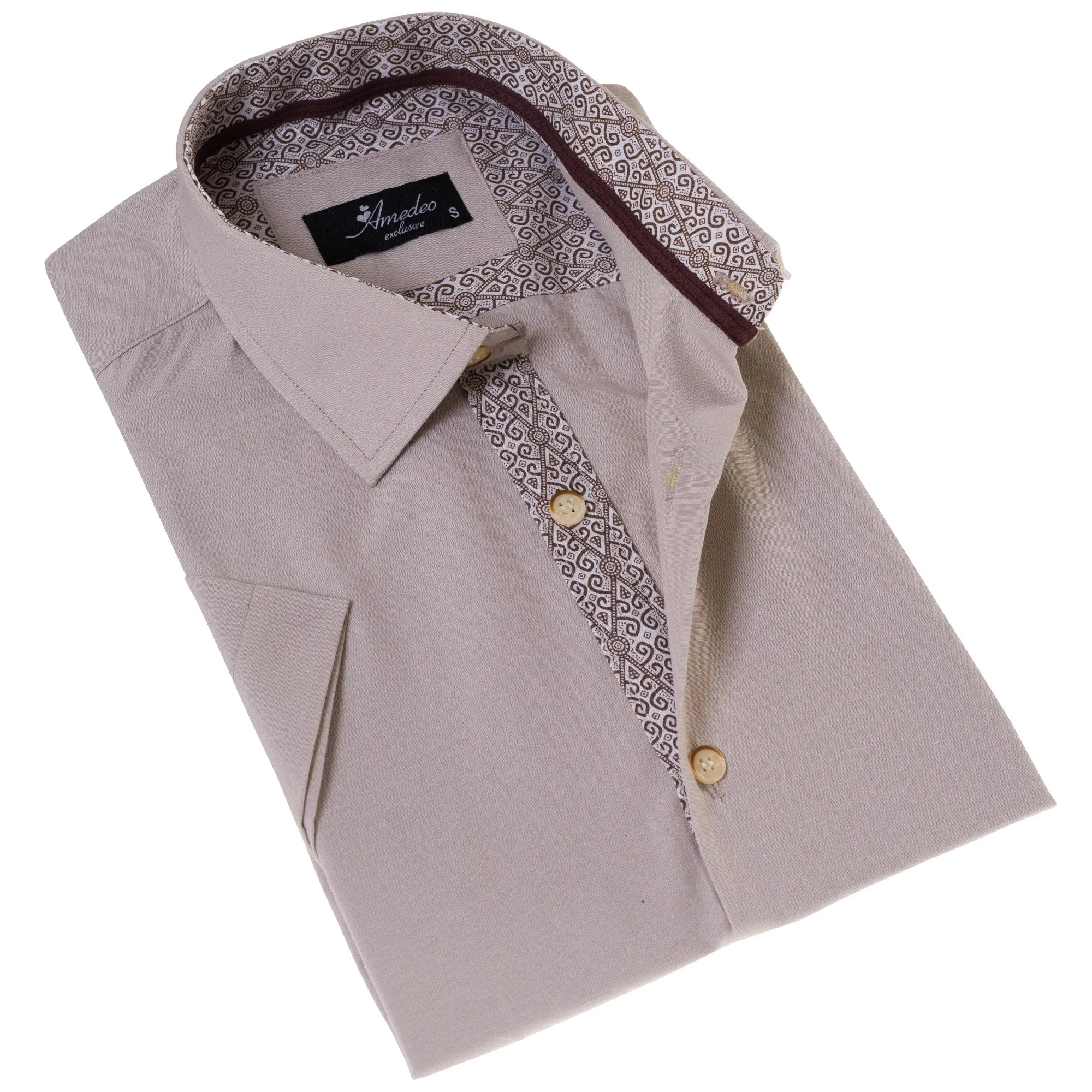 Beige inside different Paisley  Short Sleeve Button up Shirts -