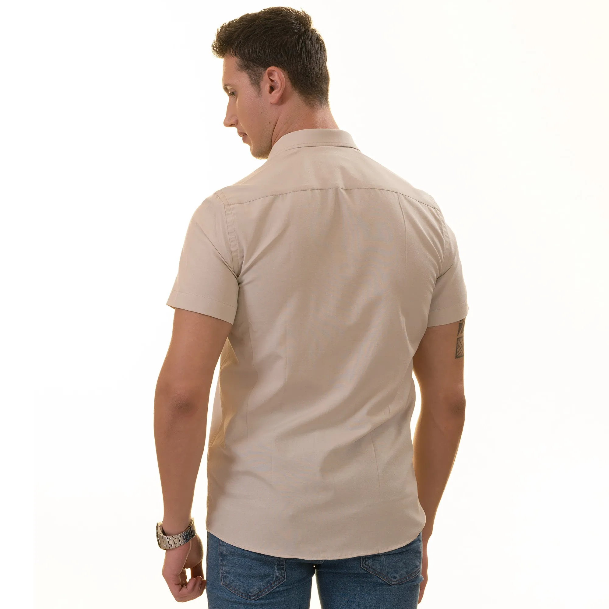 Beige inside different Paisley  Short Sleeve Button up Shirts -