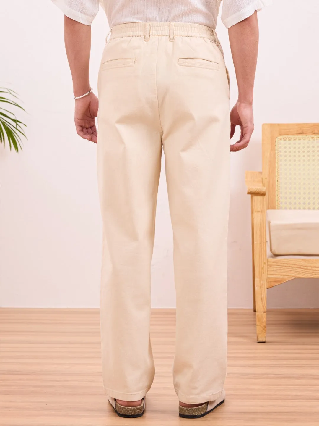 Beige Plain Rexaled Fit Pants