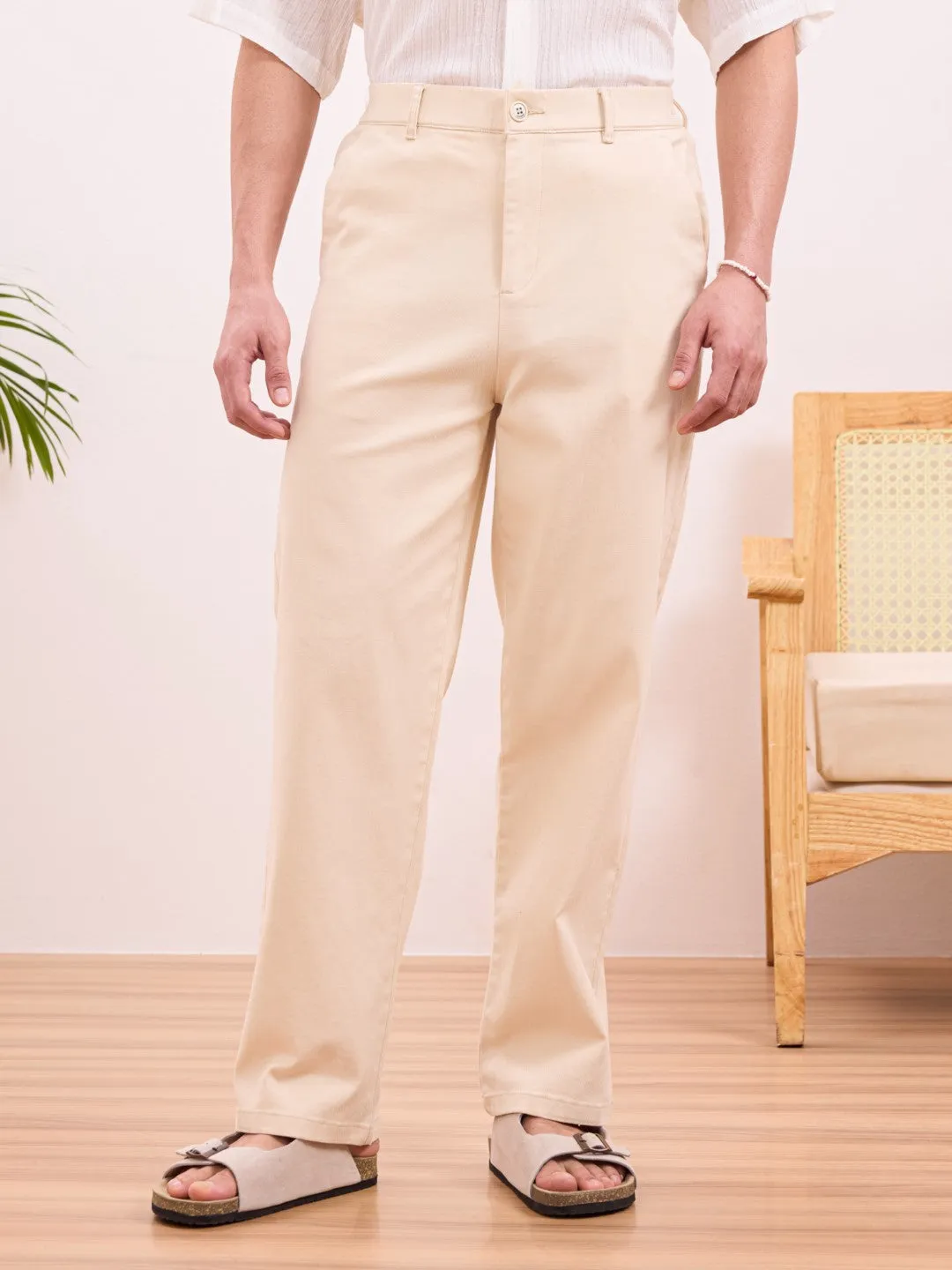 Beige Plain Rexaled Fit Pants