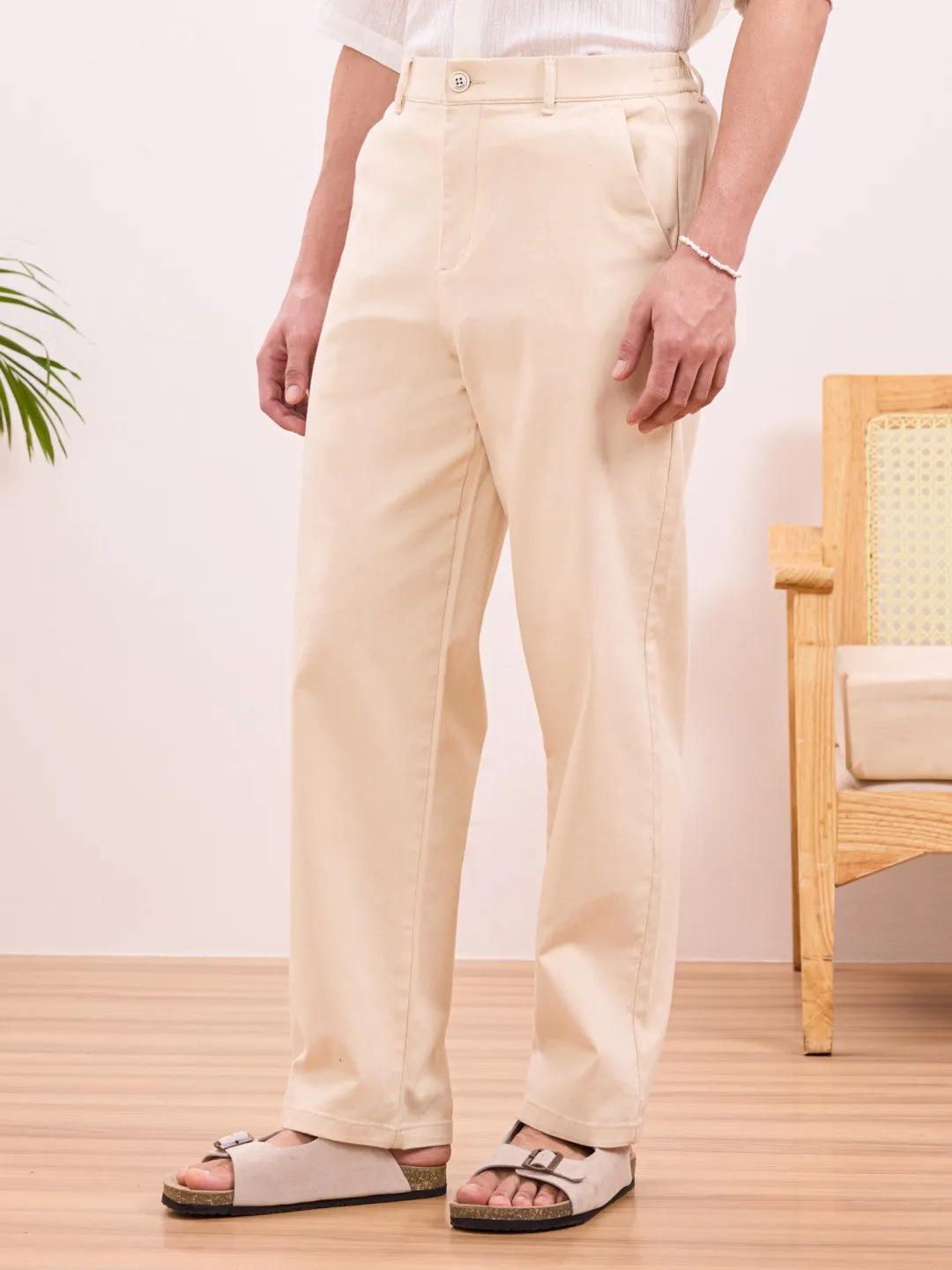 Beige Plain Rexaled Fit Pants