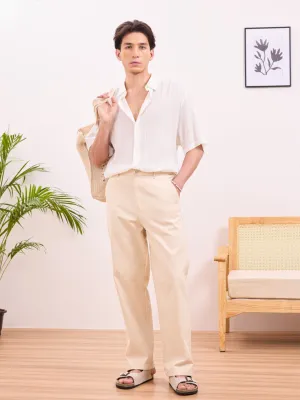 Beige Plain Rexaled Fit Pants