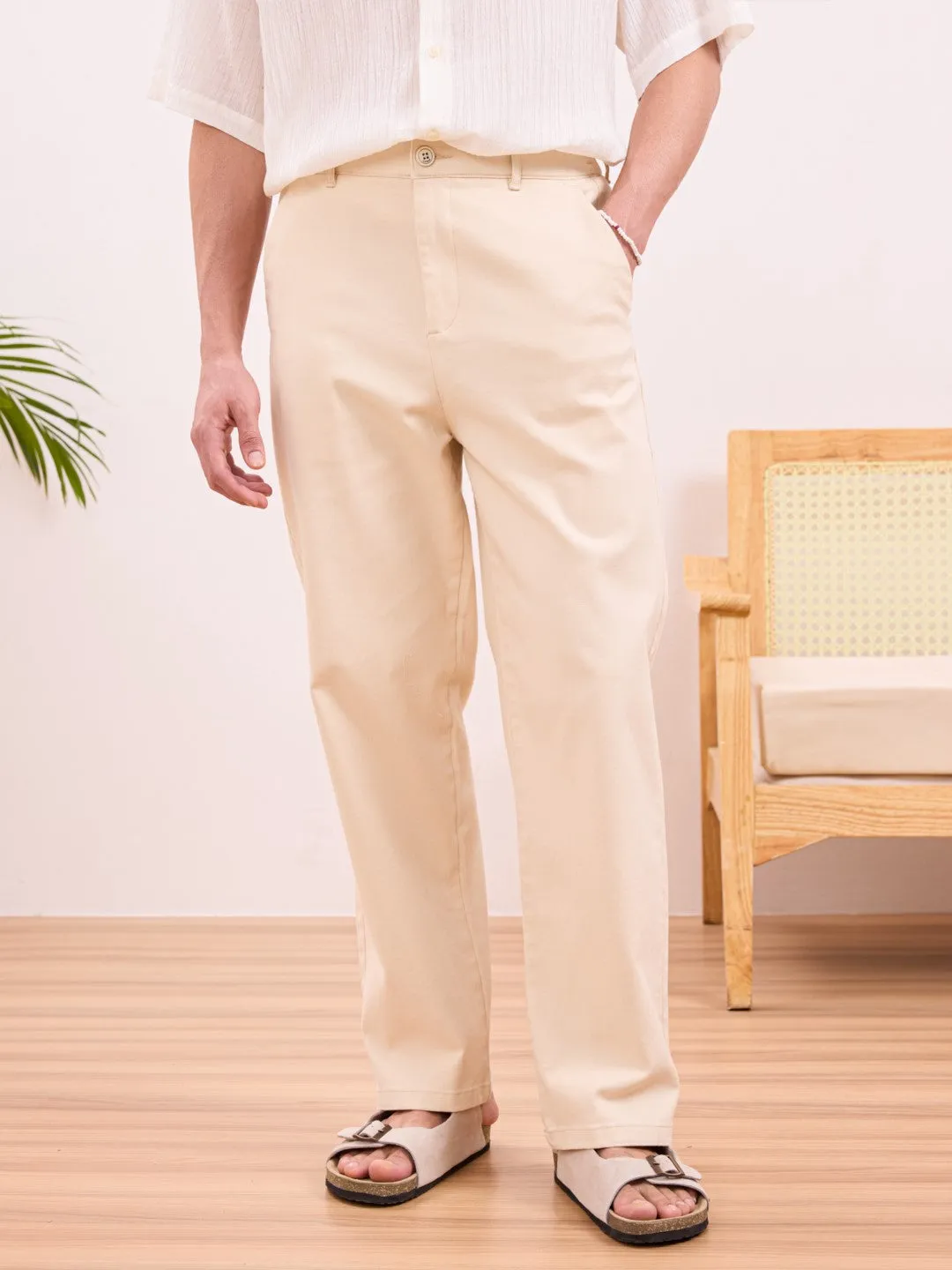 Beige Plain Rexaled Fit Pants