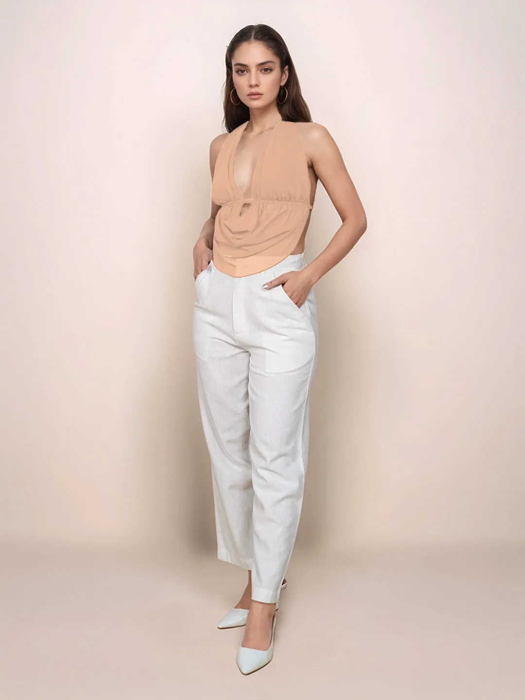 Beige Solid V-Neck Top