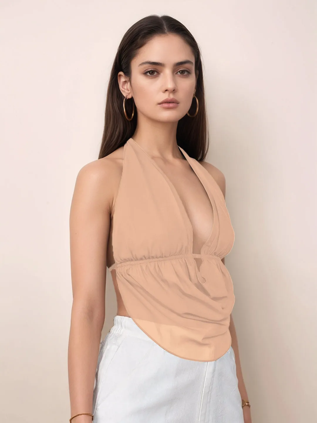 Beige Solid V-Neck Top
