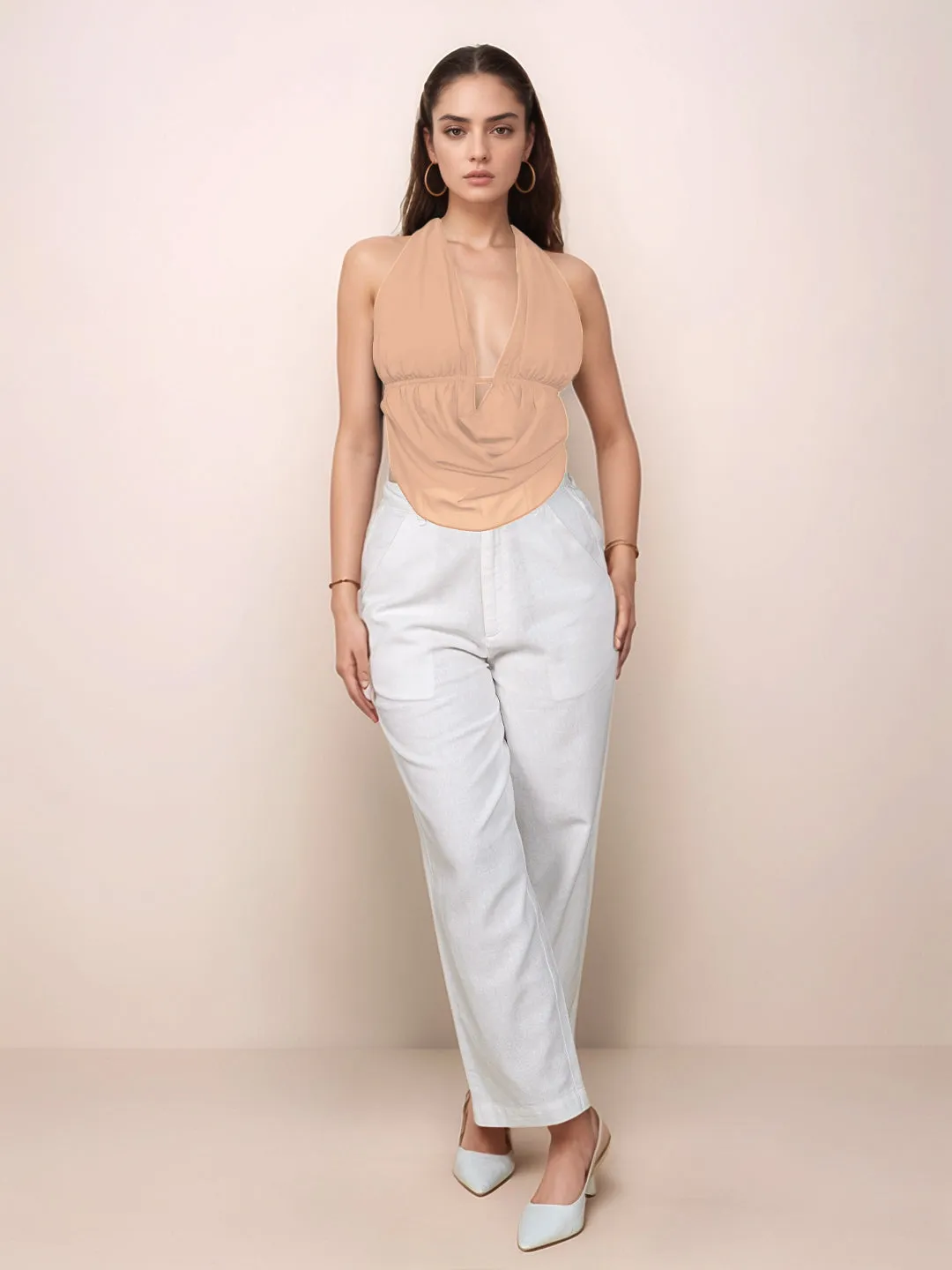 Beige Solid V-Neck Top