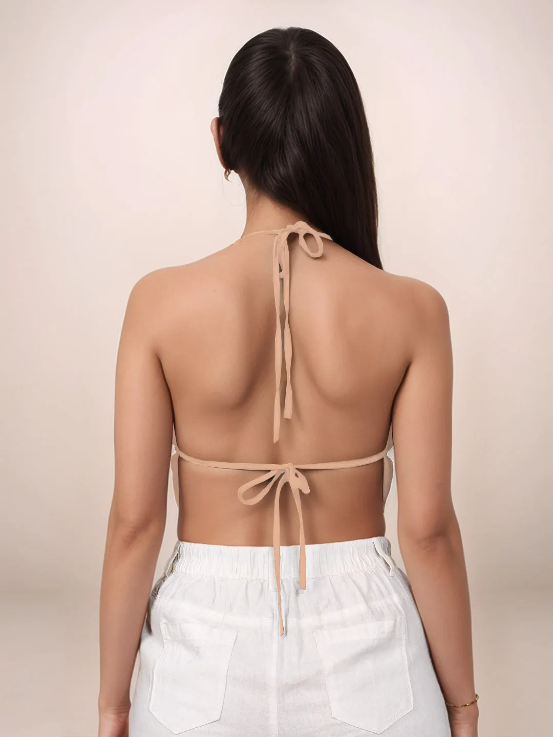 Beige Solid V-Neck Top
