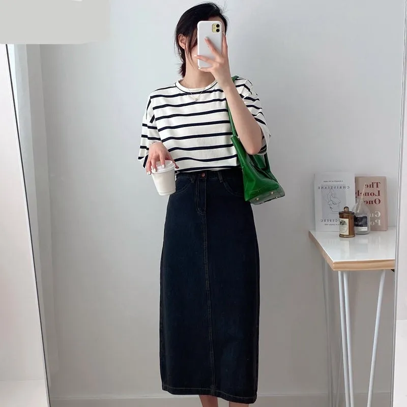 BerryBetty - Women Striped Cotton T Shirt Short Sleeve O Neck Tees Ladies Casual Tee Shirt Street Wear Top 6L42