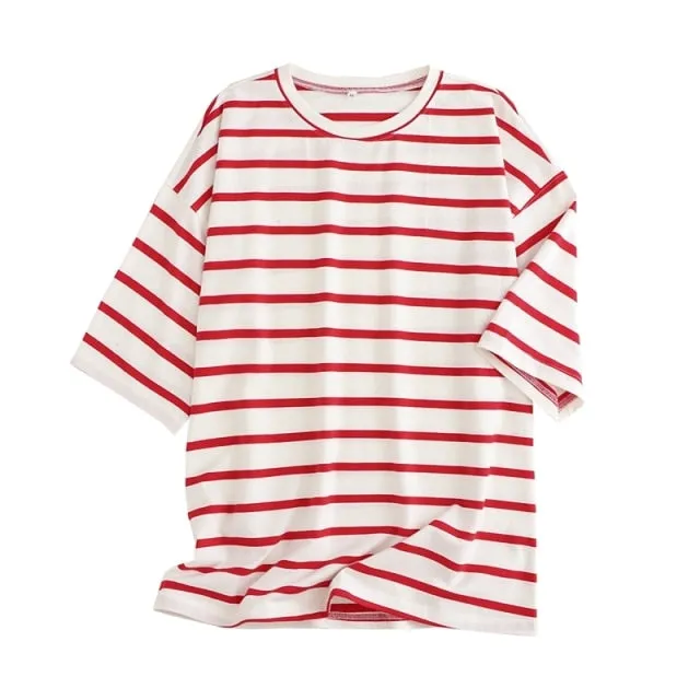 BerryBetty - Women Striped Cotton T Shirt Short Sleeve O Neck Tees Ladies Casual Tee Shirt Street Wear Top 6L42