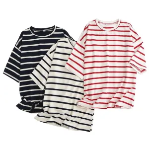BerryBetty - Women Striped Cotton T Shirt Short Sleeve O Neck Tees Ladies Casual Tee Shirt Street Wear Top 6L42