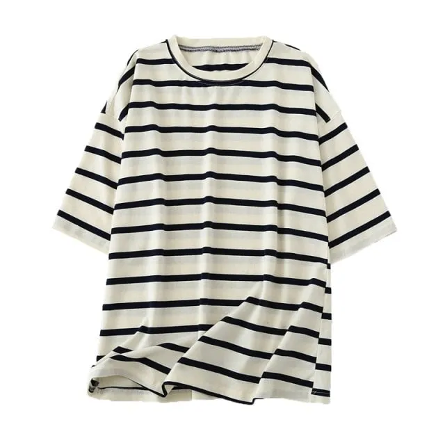 BerryBetty - Women Striped Cotton T Shirt Short Sleeve O Neck Tees Ladies Casual Tee Shirt Street Wear Top 6L42
