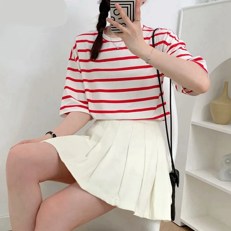 BerryBetty - Women Striped Cotton T Shirt Short Sleeve O Neck Tees Ladies Casual Tee Shirt Street Wear Top 6L42