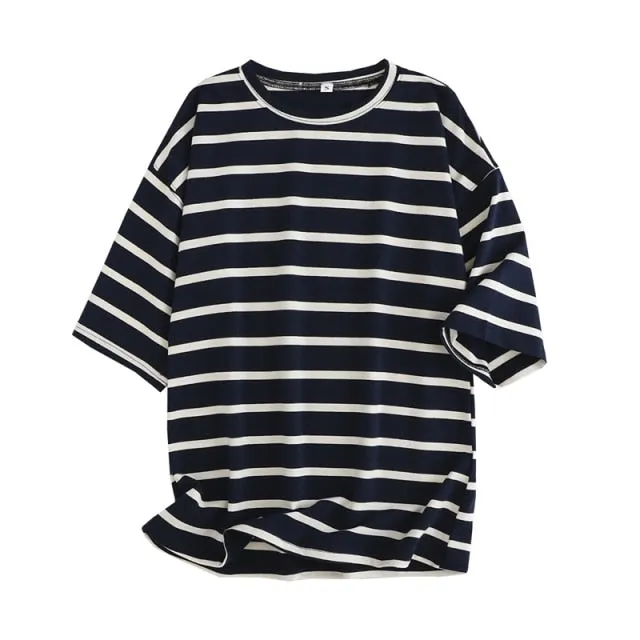 BerryBetty - Women Striped Cotton T Shirt Short Sleeve O Neck Tees Ladies Casual Tee Shirt Street Wear Top 6L42