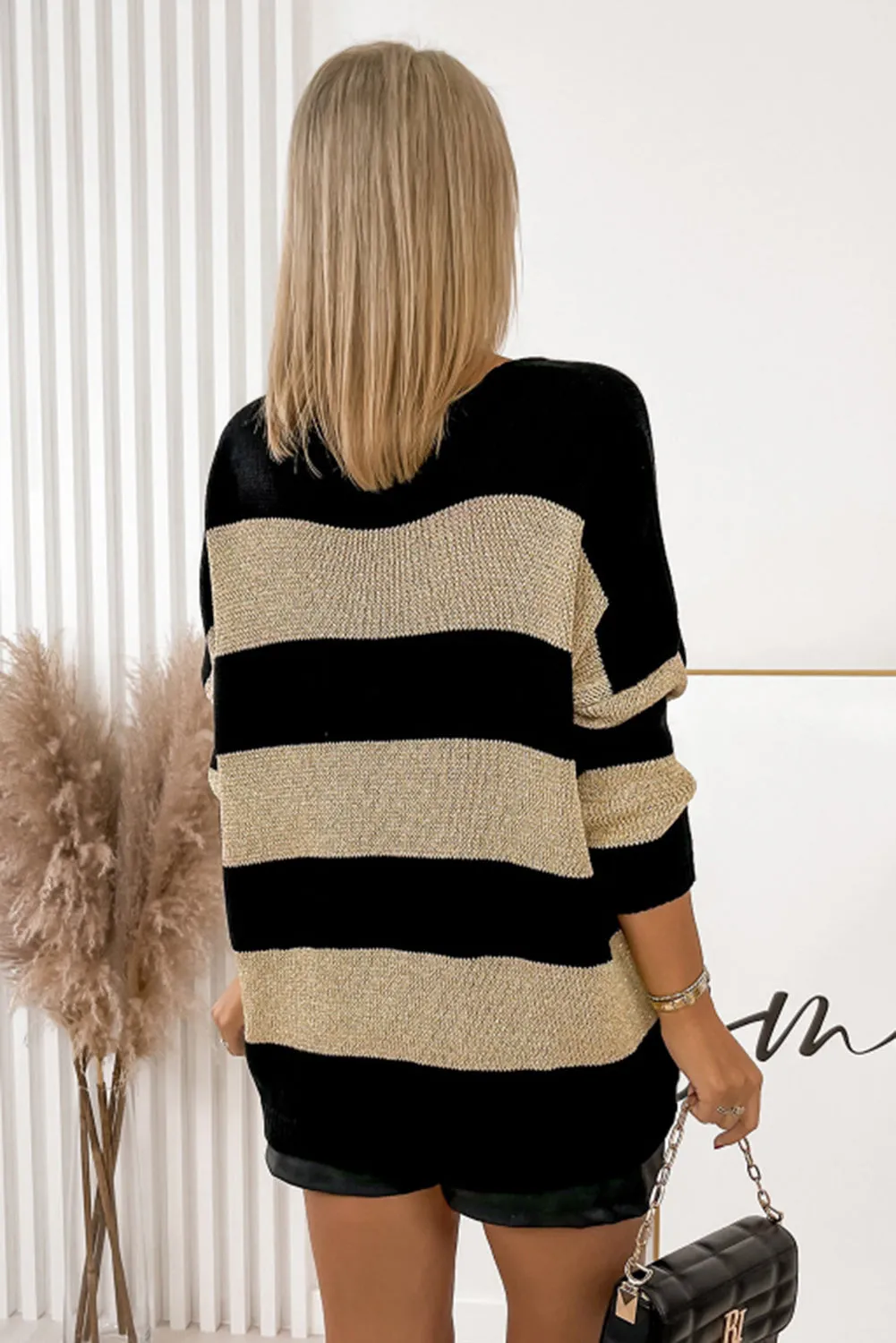 Black Contrast Striped V Neck Loose Sweater