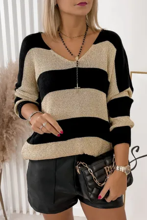 Black Contrast Striped V Neck Loose Sweater