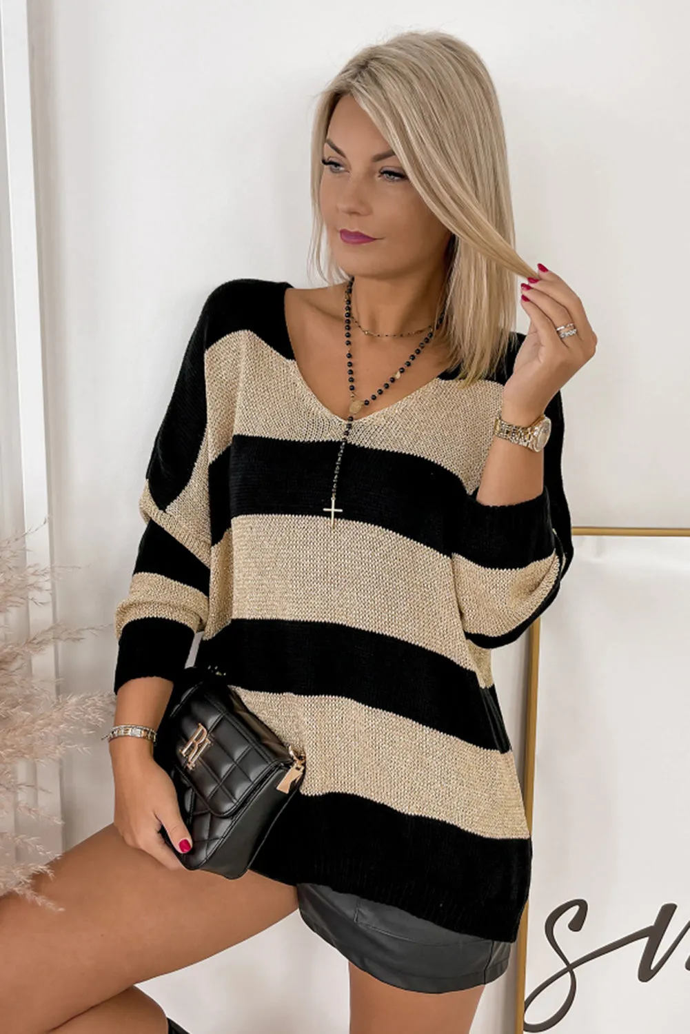 Black Contrast Striped V Neck Loose Sweater